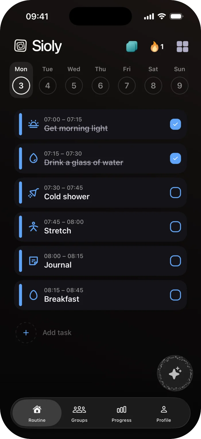 A full day in Sioly: morning light, water, cold shower, stretch, journal, breakfast