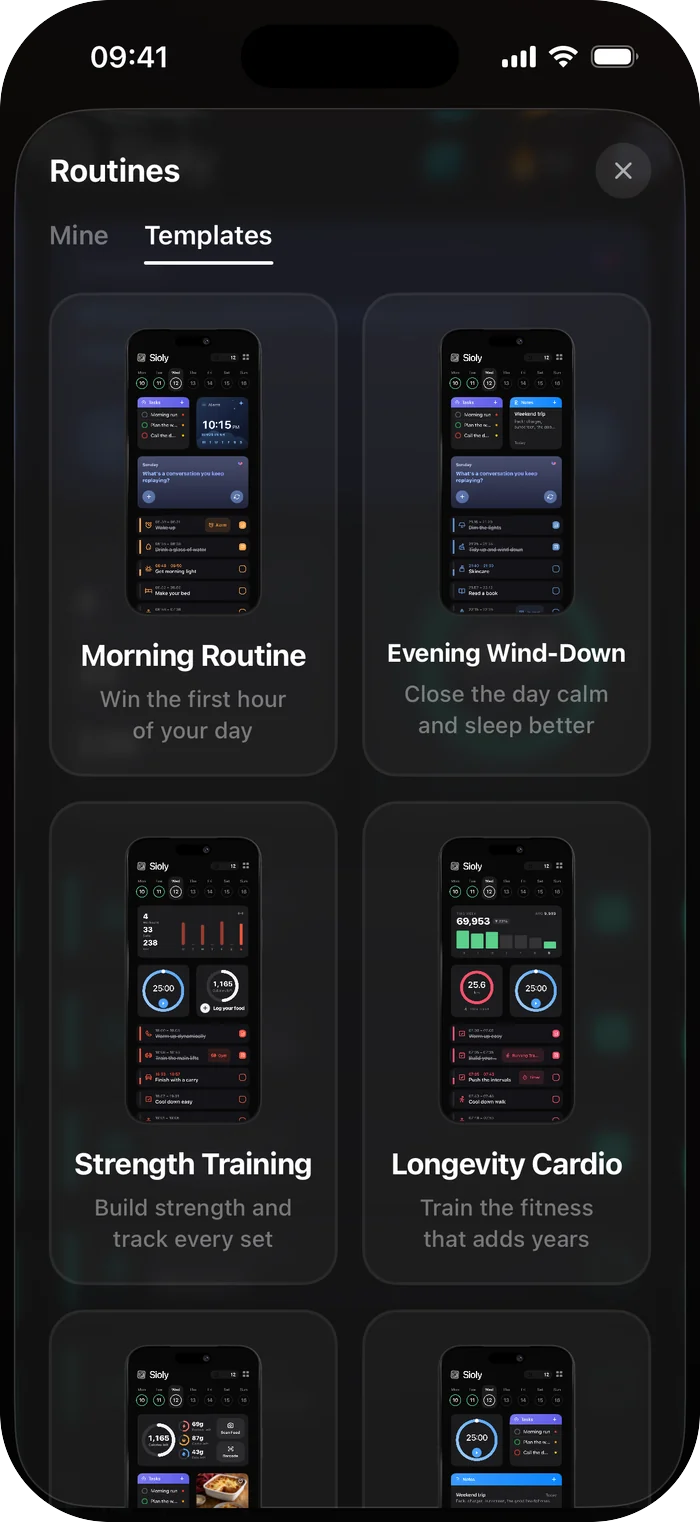 Ready-made routines to start from: morning, evening wind-down, strength, cardio